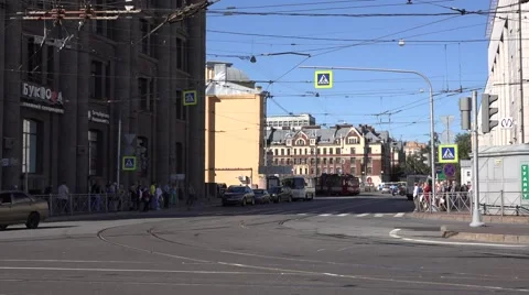Old and modern trams turning left at Lenina Square near railway station Stock Footage 67468202