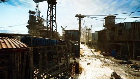 Old and neglected cityscape filled with peeling paint and broken items Stock Footage 334329272