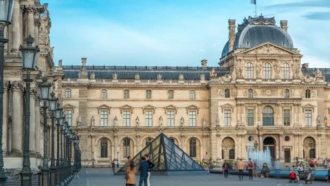 Old and new element at louvre external building timelapse. Paris, France Stock Footage