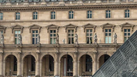 Old and new element at louvre external building timelapse. Paris, France Stock Footage 236866817