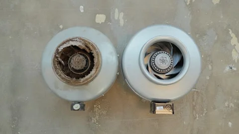 Old And New HVAC Inline Duct Fans Compared For Ventilation System Upgrade Stock Footage 340820701