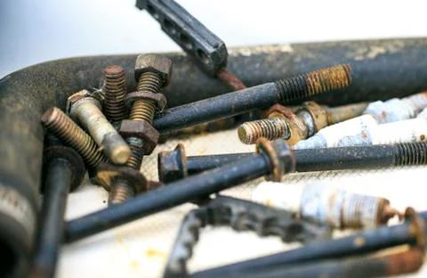 Old and oxide tools and screws Stock Photos
