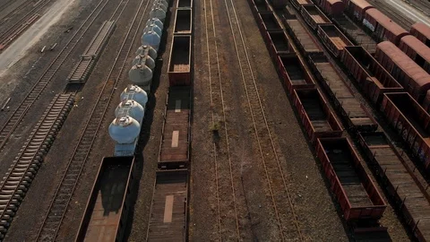Old and rusty industrial train tracks drone shot Stock Footage 89881775