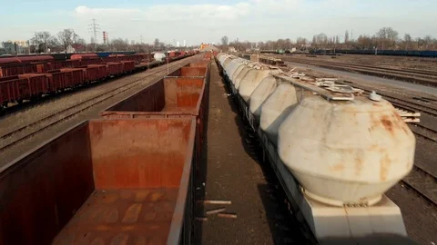 Old and rusty industrial train tracks drone shot Stock Footage 89895984