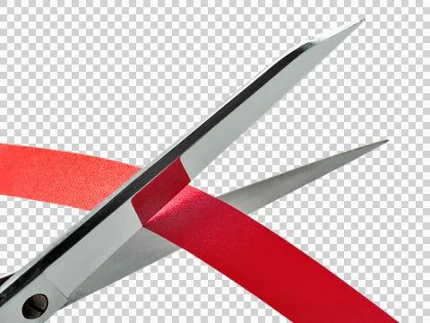 Old and rusty Scissors cutting a red ribbon. clipping path Stock Photos