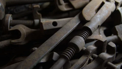 Old and rusty tools. Slow-motion close-up Video stock 128414544