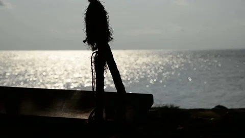 Old and weathered rope and wooden swing by the beach and blue sea Stock Footage 71006464