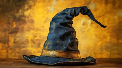 An old and weathered wizard hat with a bent tip, representing magic, mystery, Stock Photos
