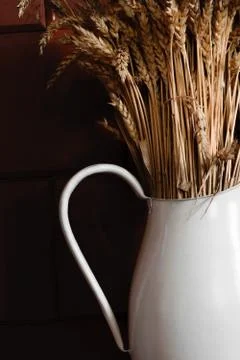 Old and white rustic pitcher with dry rye in front of brown wall Stock Photos