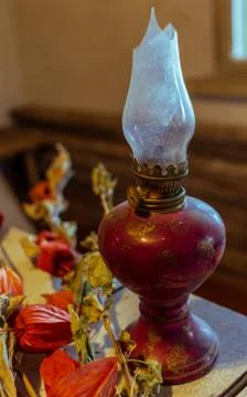 Old antique lantern on table Stock Photos