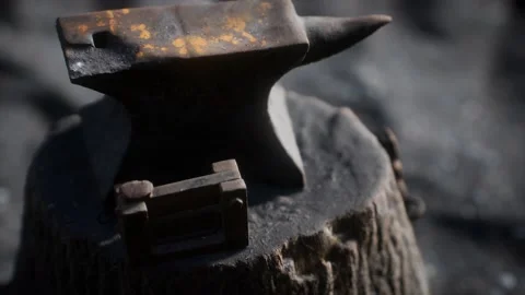 Old anvil attached to a stump Stock Footage 138287181