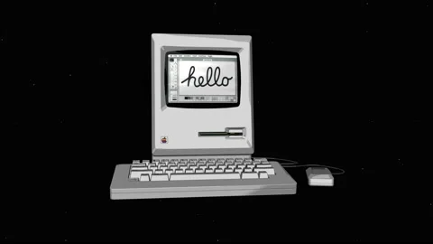 Old Apple Mac 512k saying hello in space sci fi Stock Footage 133749133