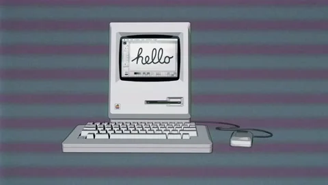 Old Apple Mac 512k saying hello retro technology vhs style Stock Footage 133797001