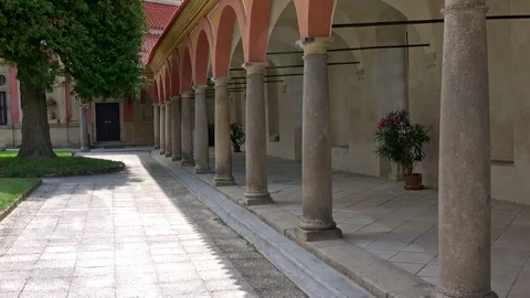 Old arcade, corridor and flowers in the pots. Stock Footage 115017523