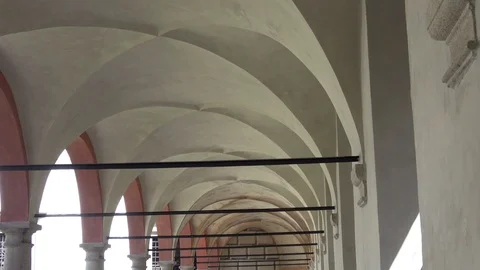 Old arcade, corridor and flowers in the pots. Stock Footage 115574154