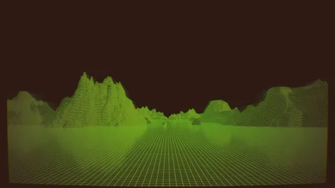 Old arcade game screen, 3d green grid wireframe landscape. 3D retro 8bit video Stock Footage 242802172