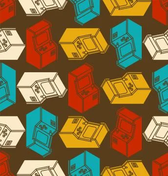 Old Arcade Machine Gaming pattern seamless. Retro Video Game play background Stock Illustration