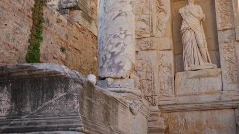 Old architectural and pillar at one part of the Library of Celsus, Ephesus, Izmi Stock Footage 163979180