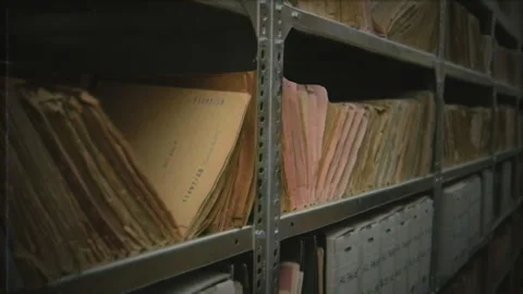Old Archive Cabinets Document Folders Retro VHS Effect Zoom Out Stock Footage 275249744