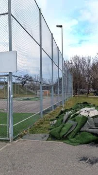 Old Artificial Grass Turf Removed For Sports Field Surface Renovation 스톡 사진