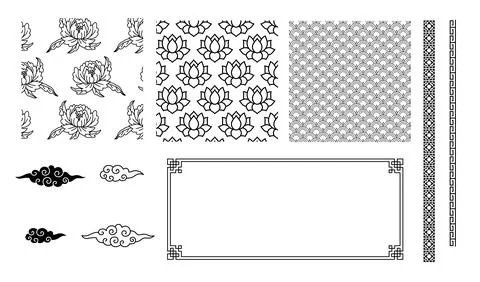 Old Asian patterns borders and frame linear illustrations Stock Illustration