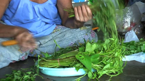 Old Asian Woman Prepares Vegetables In The Slums Stock Footage