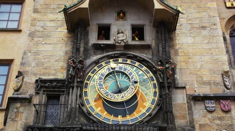 Old astronomical clock in center square of Prague, Czech Republic Video stock 46485254