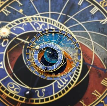 Old astronomical clock isolated on white. Prague astronomical clock at the Ol Stock Photos
