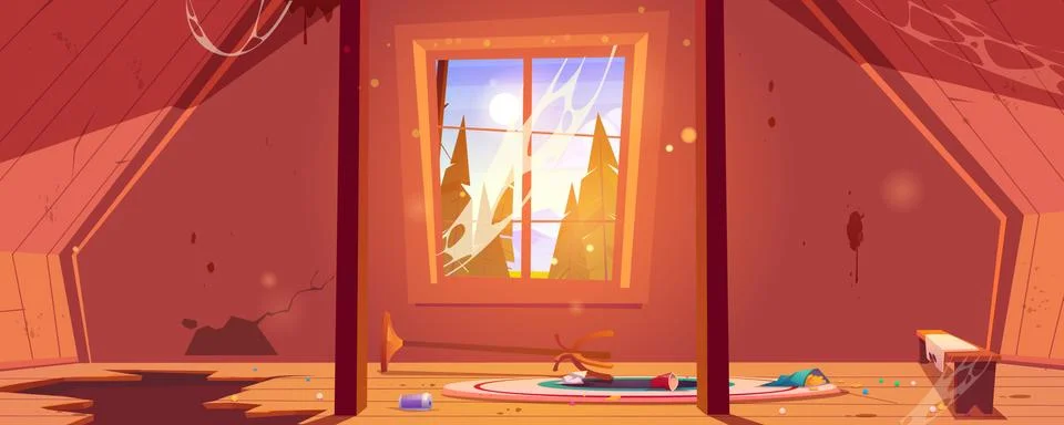 Old attic in abandoned house with clutter Stock Illustration