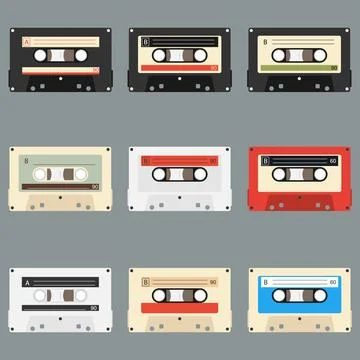 Old audio cassettes gray background. Collection of vector retro audio Stock Illustration