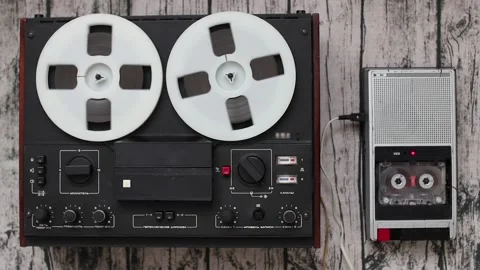Old Audio players, technologies progress concept. Retro tape recorders Stock Footage 99514775