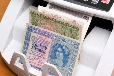Old Austrian crown in the counting machine Stock Photos