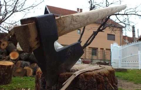 Old ax stuck in a tree Stock Photos