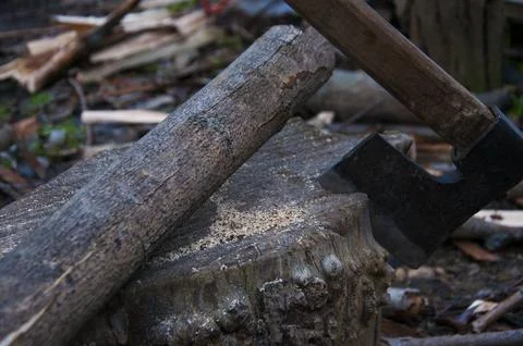 The old axe in the chopping block Stock Photos