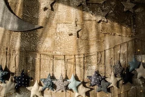 Old background of old sacking nailed to the wall. Interior wall hanging made of  Stock Photos