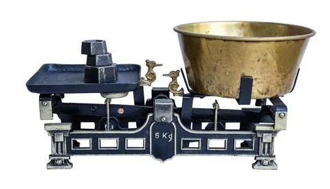 Old balance scale comparing different weights with transparent background Stock Photos