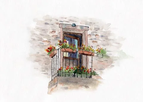 An old balcony with  lots of flowers Stock Illustration