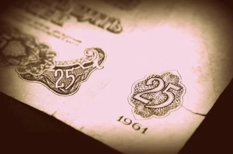 Old banknotes in twenty-five Soviet rubles close up Stock Photos