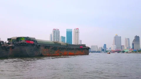 The old barge on Chao Phraya river, Bangkok, Thailand Stock Footage 122086161