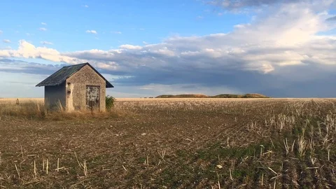 Old barn and empty field after harvesting in sunny day. Video stock 114271166
