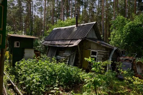 An old barn next to the forest on the edge of the garden 스톡 사진