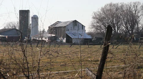 Old barn with peeling paint, wire fence. Birds flying overhead. HD 1080p 24fps. Stock Footage 22771936