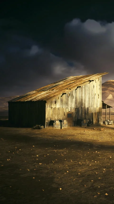 Old barn standing in a desert landscape under a cloudy sky at dusk Stock Footage 334309601