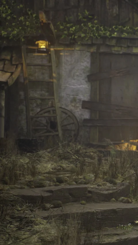 Old barn structure with tools and equipment shows signs of wear and age Stock Footage 336584360
