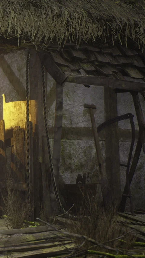 Old barn with tools showing rural life during afternoon Stock Footage 335968778