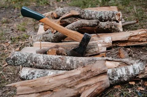 An old battered axe is stuck in a log on a pile of firewood. Outdoor recreation Stock Photos
