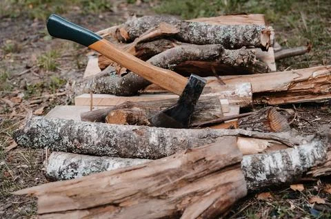 An old battered axe is stuck in a log on a pile of firewood. Outdoor recrea.. 스톡 사진
