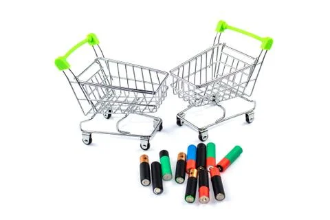 Old batteries and empty trolleys, collection and recycling of spent batteries Stock Photos
