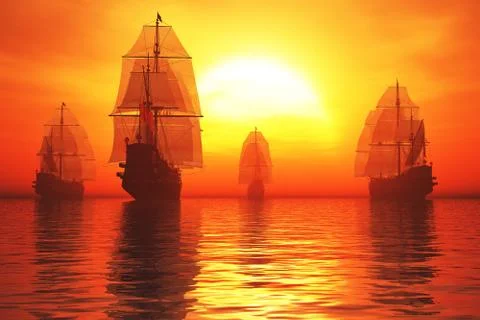 Old Battleships in the Sunset 3D render Illustrazione stock