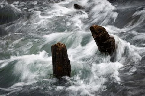 Old beams in the wild river Stock Photos